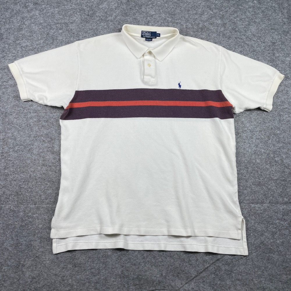 VTG Polo Ralph Lauren Polo Shirt Mens XXL White Orange Chest Stripe Pique 90s